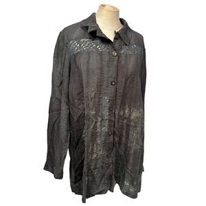 Artofcloth‎ Women L Black Dip dye Crochet Blouse Textured Button Tunic Lagenlook